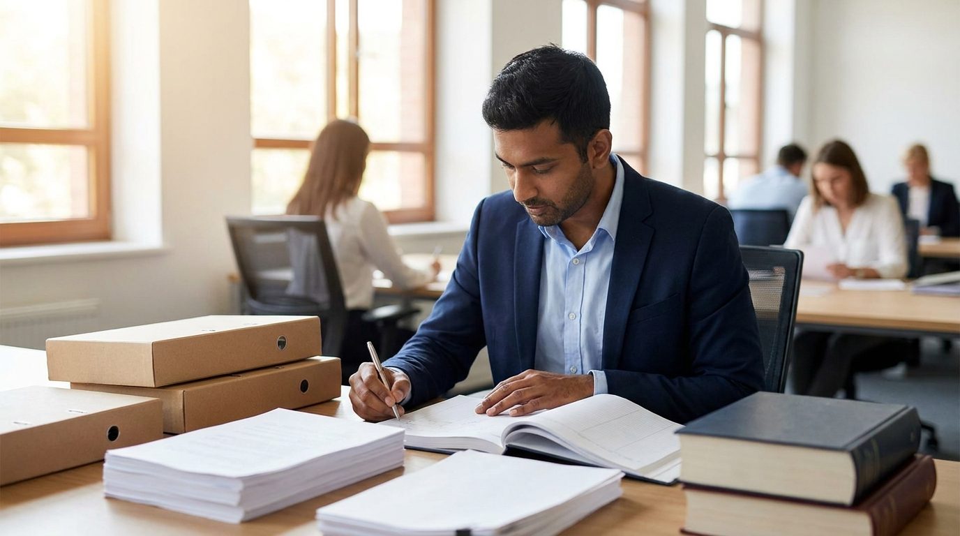 An auditor examining printed financial records and audit working papers at a desk, box files and ledgers nearby, in a bright office