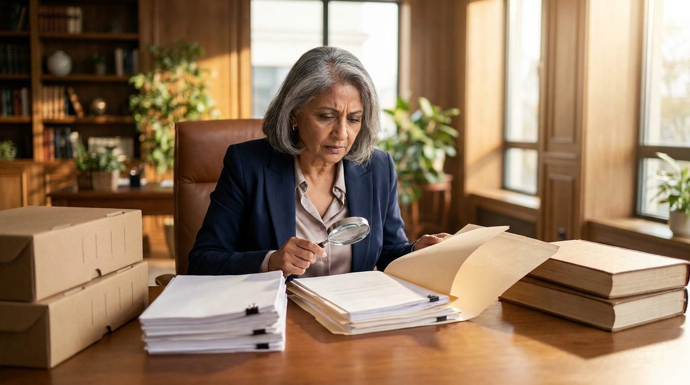 A senior audit partner reviewing a printed group audit file and working papers at a desk in a bright office