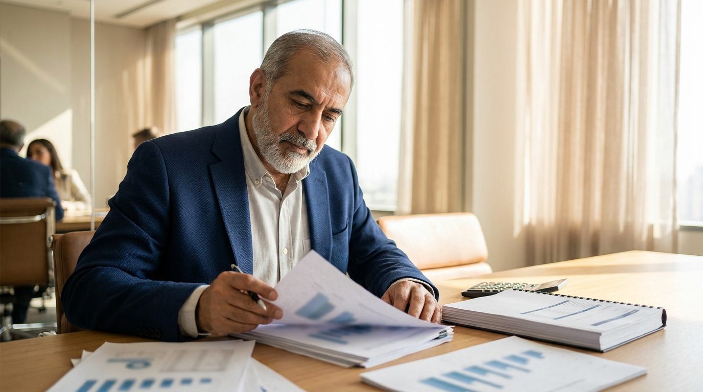 A senior financial strategist reviewing printed valuation and corporate finance models at a boardroom table in a bright office