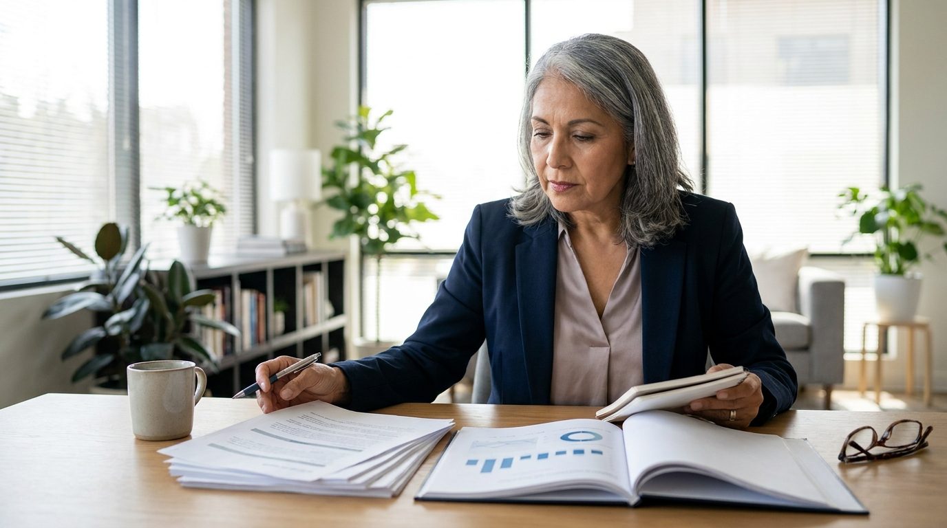 A senior executive reviewing printed strategic performance reports and a scorecard at a desk in a bright office