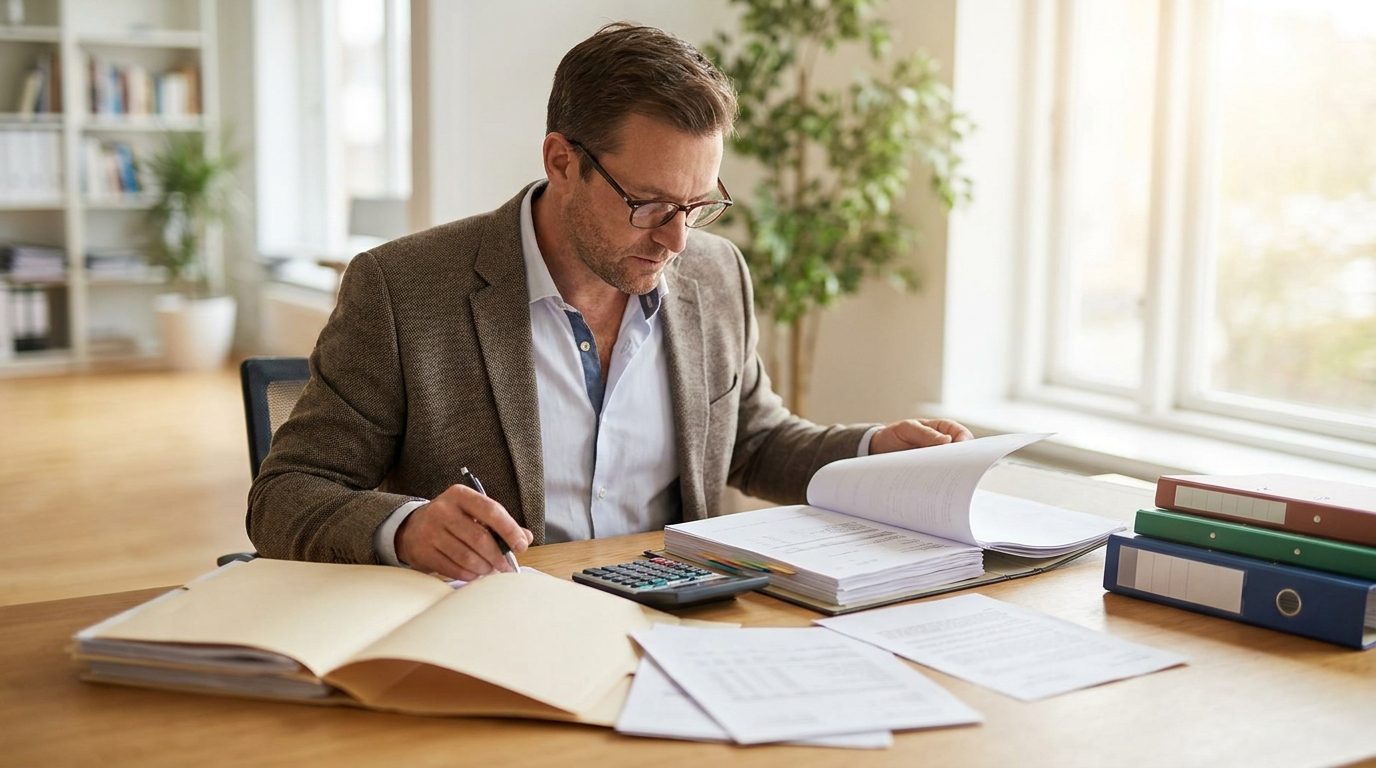 A tax adviser reviewing printed tax planning documents and a client file at a tidy desk in a bright office