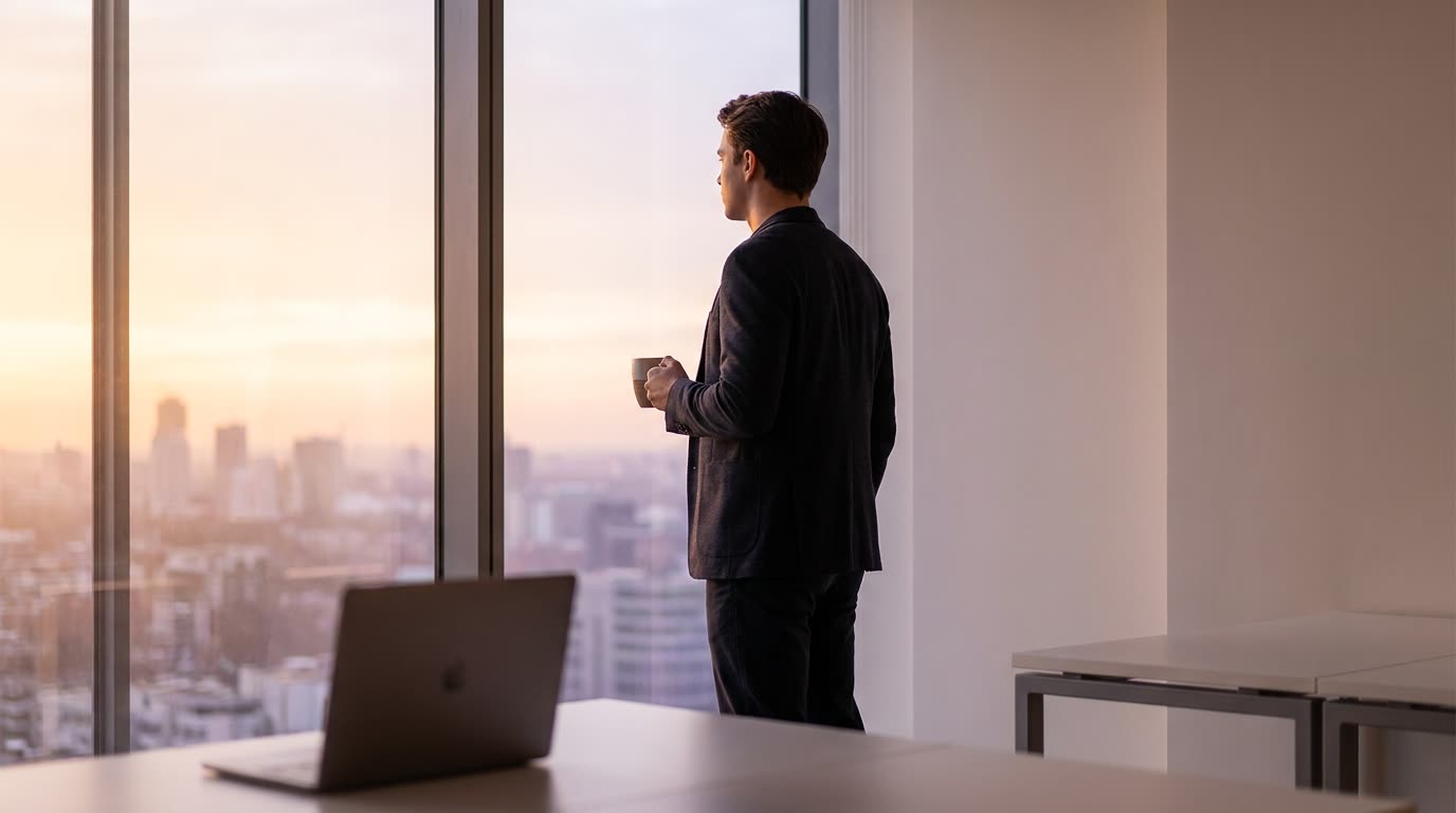 A student looking out over a city at dawn, thinking ahead about their ACCA plans