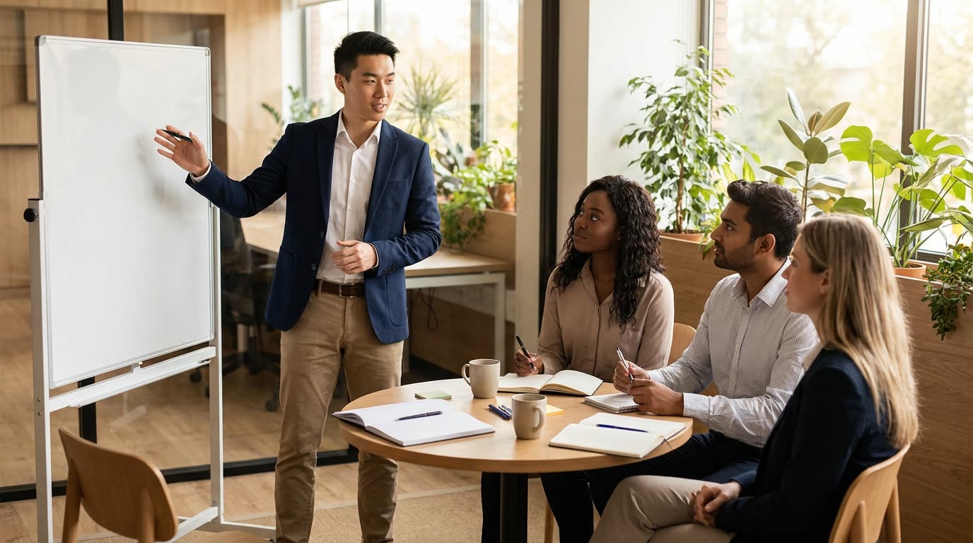 A young manager at a blank whiteboard talking a small team through an idea
