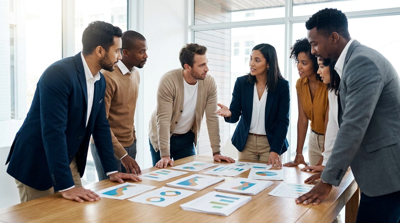 A group of diverse finance professionals collaborating around a table with printed reports in a bright office