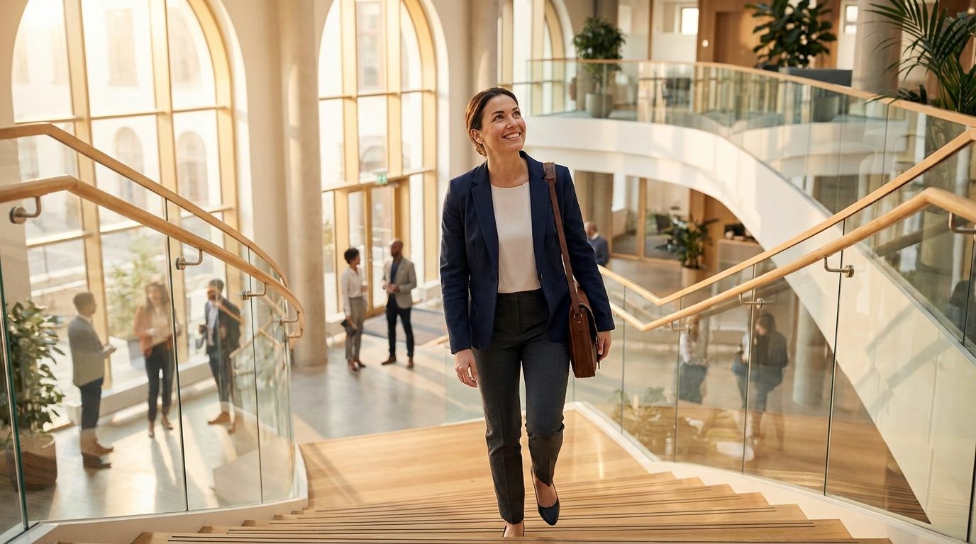 A professional walking up a wide bright staircase in a modern office atrium, a sense of upward progression