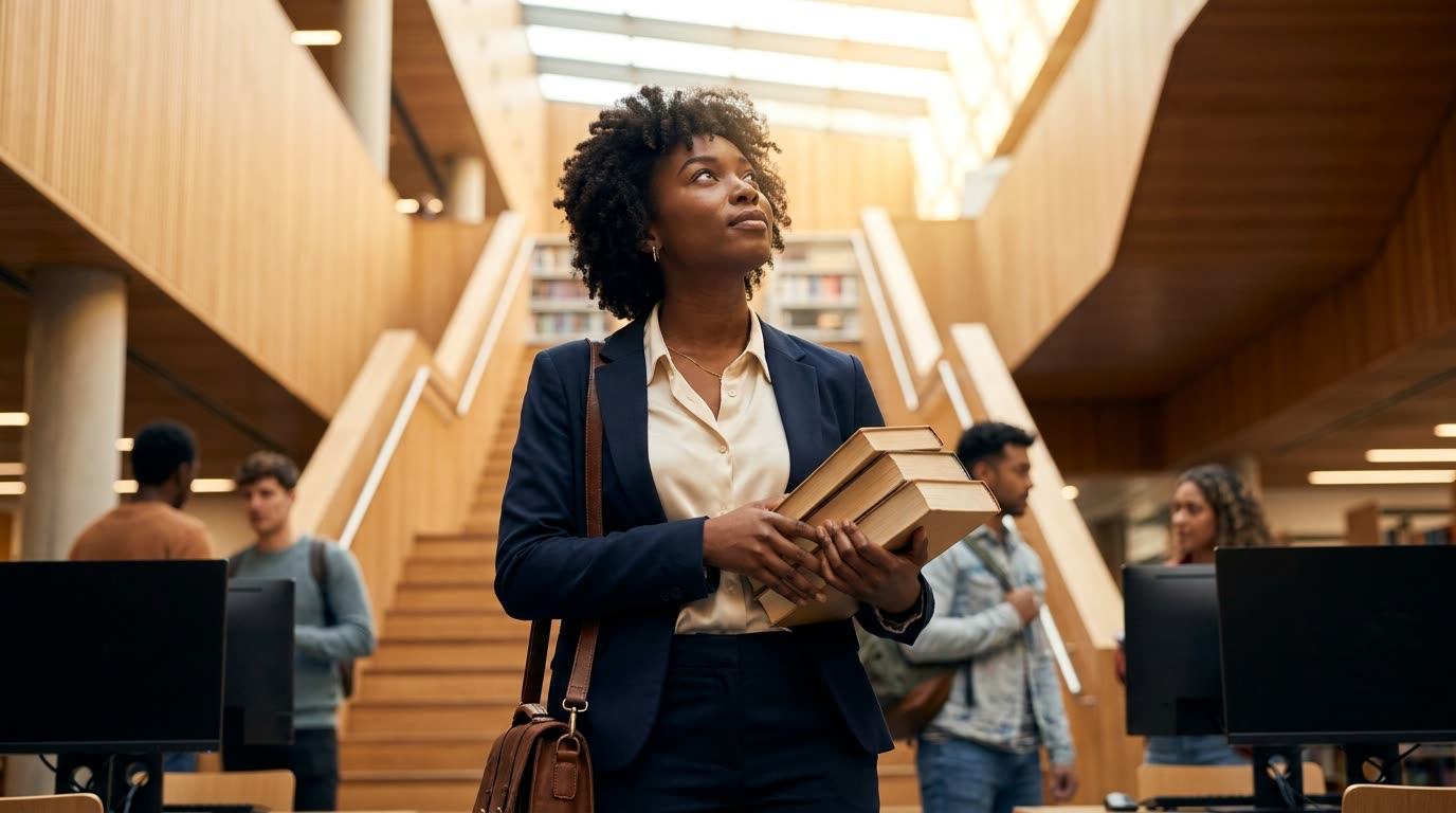 A student carrying books through a bright library atrium, at the foot of a wide staircase