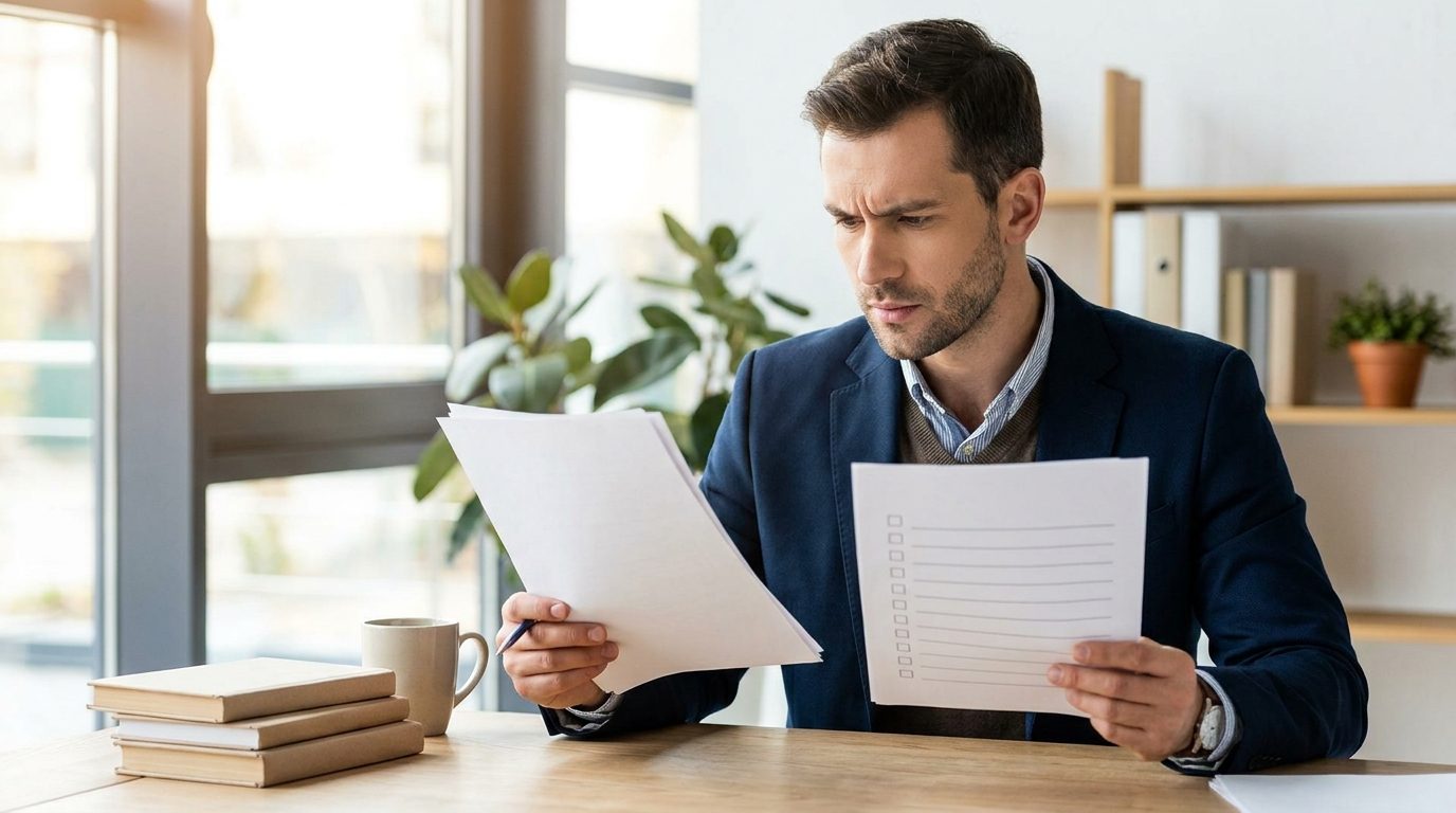 A professional reviewing an academic transcript and a printed checklist at a desk, deciding which papers to skip