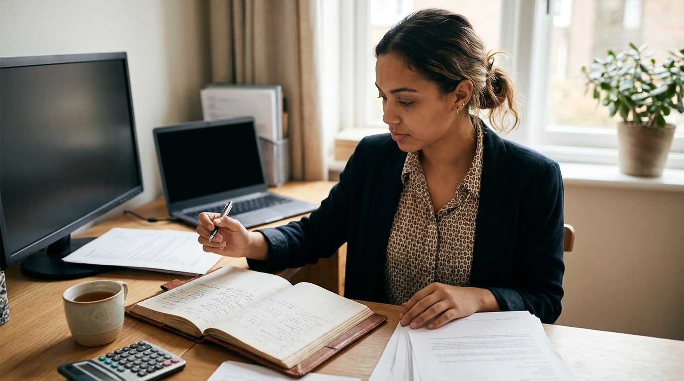 A student working through handwritten financial ledgers and printed account statements at a desk, calculator to hand