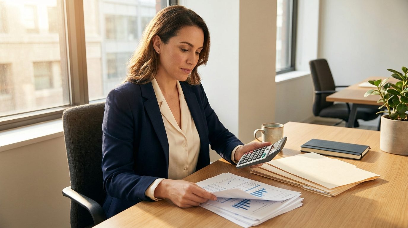A finance professional reviewing printed financial forecasts and figures at a desk, calculator to hand, in a bright office