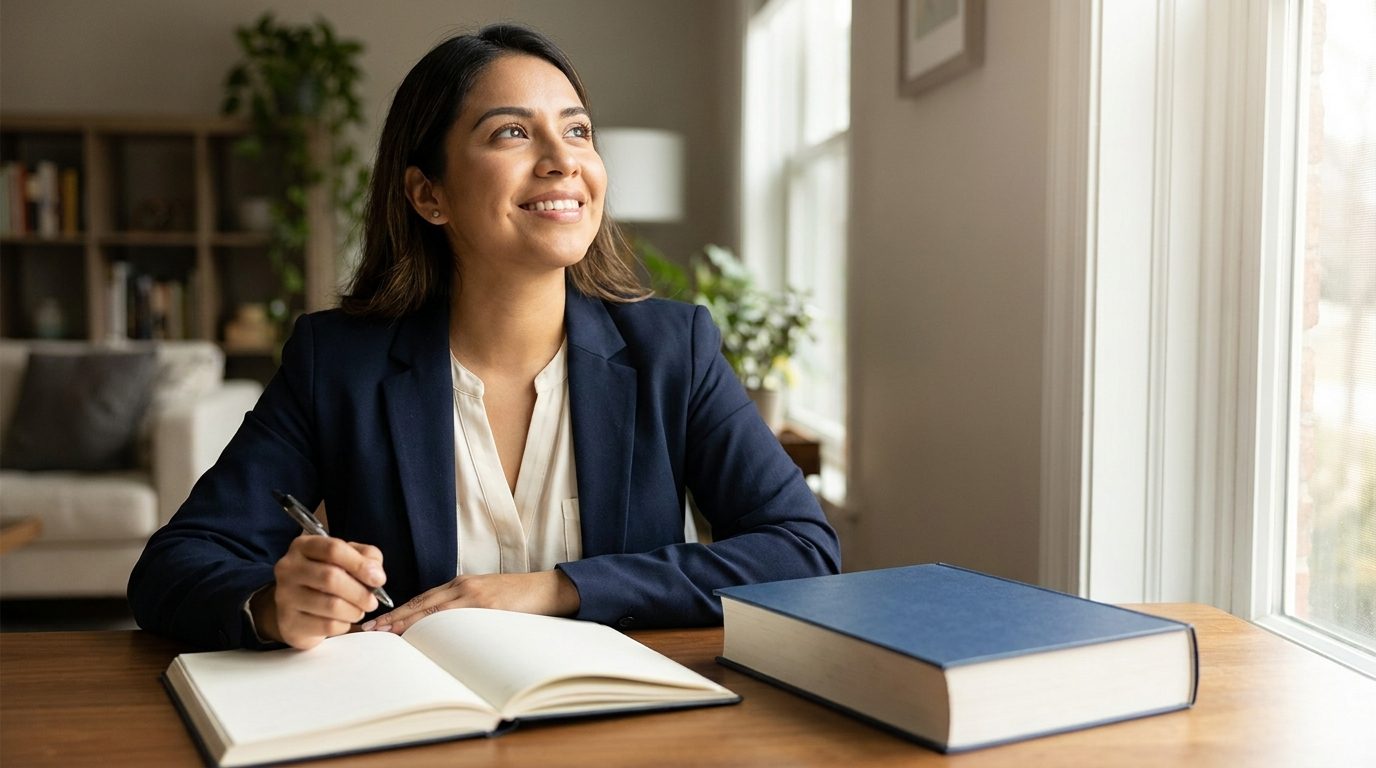 A hopeful young student beginning to study accounting with a fresh notebook and a textbook at a bright desk