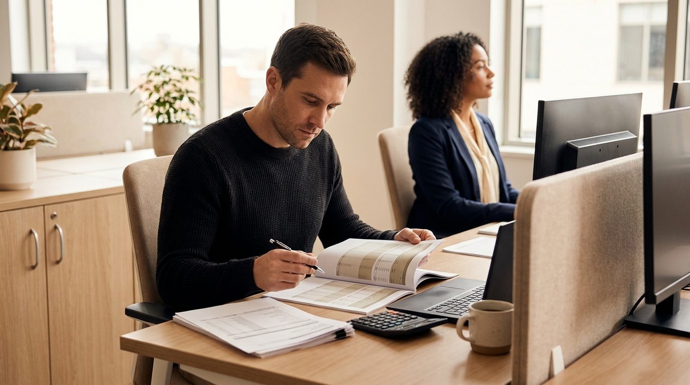 A professional reviewing a bound set of company financial statements at a desk, calculator to hand, in a bright office