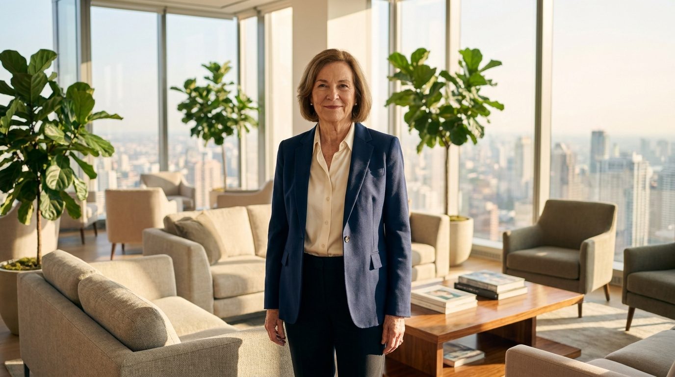A confident senior finance executive standing in a bright premium office lounge with a city view
