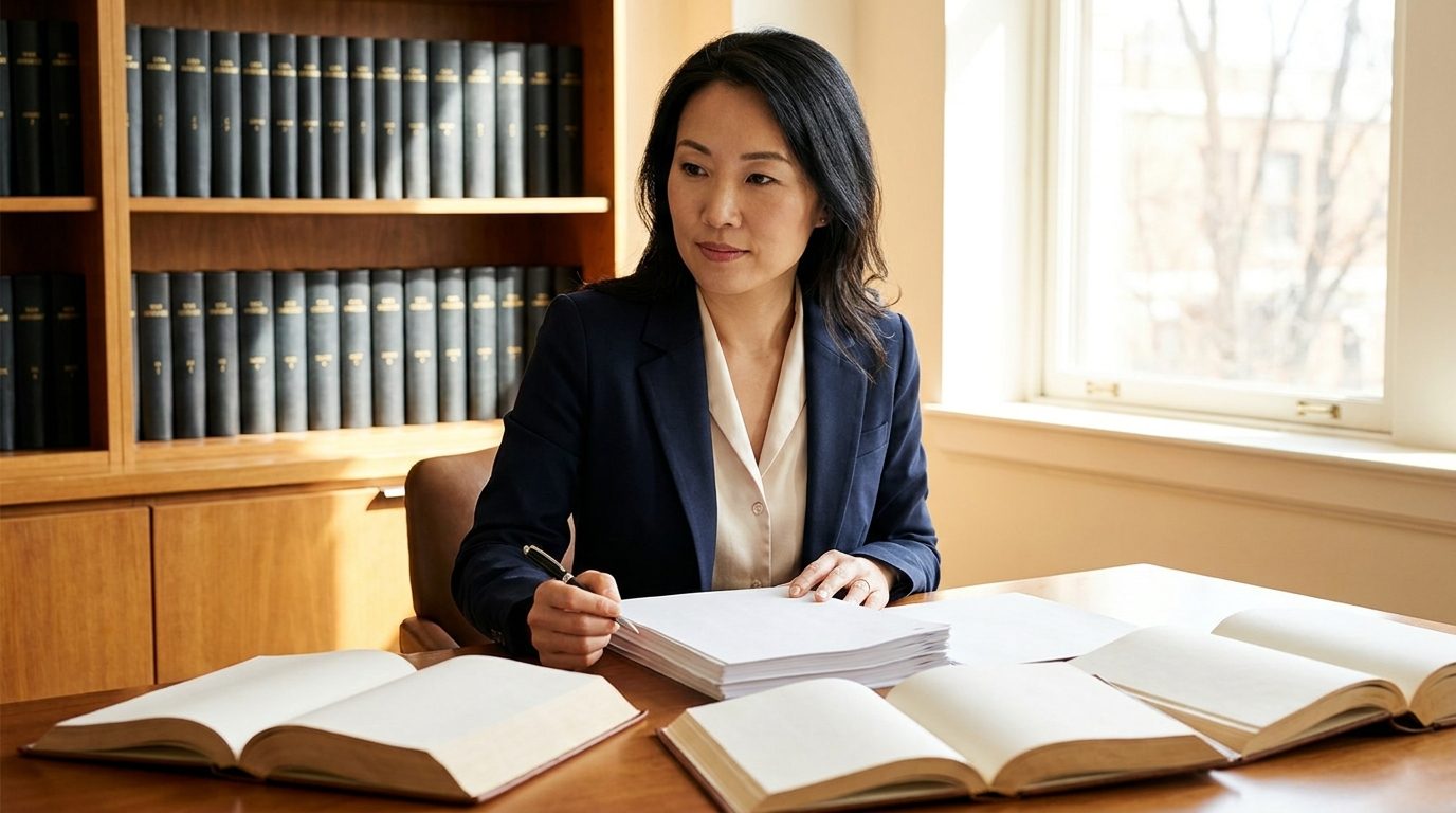 A professional reviewing a printed business contract and legal reference books at a desk in a bright office