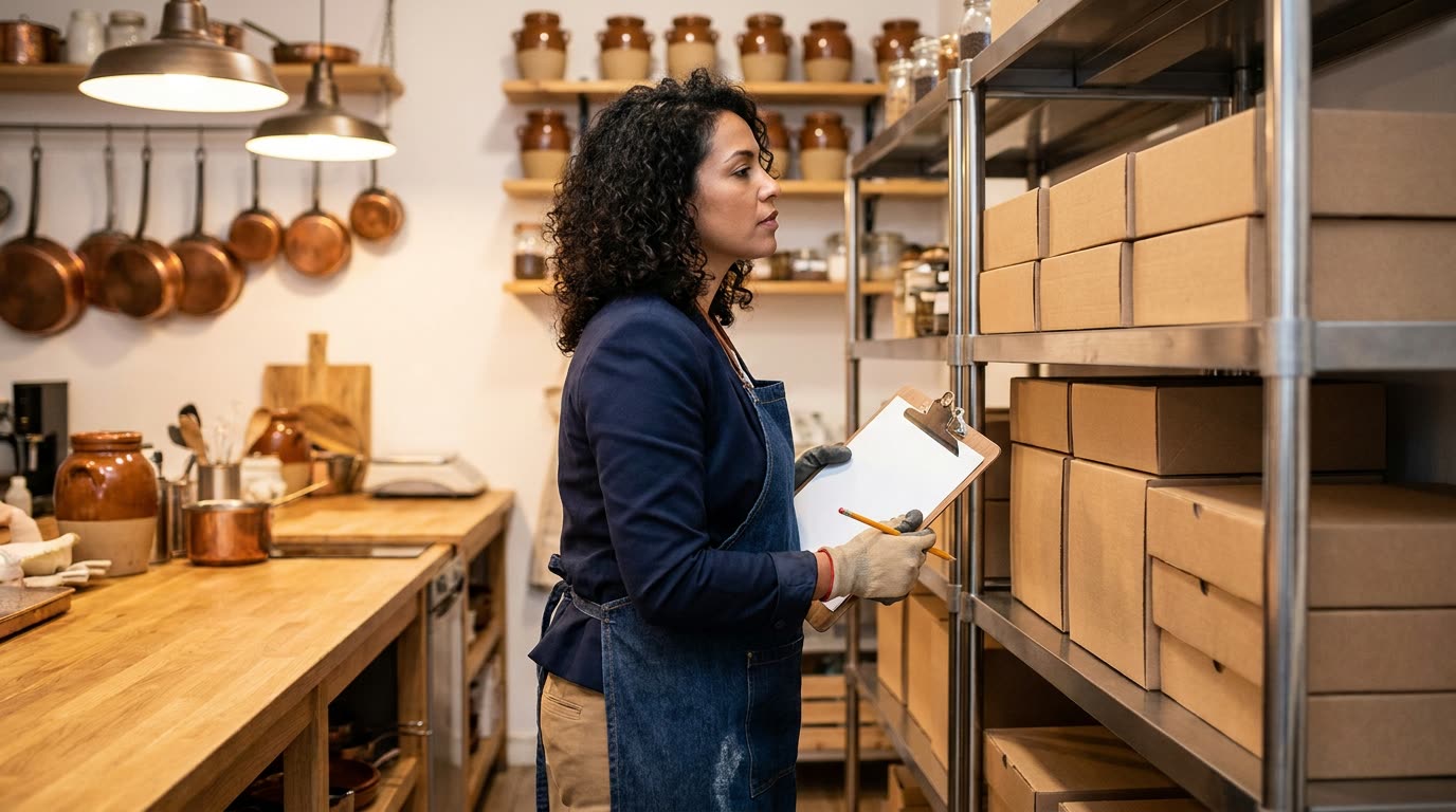 A workshop manager with a clipboard counting boxes on steel shelving