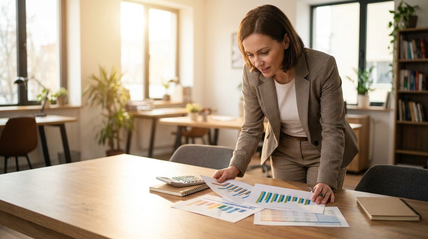 An operations manager reviewing printed performance reports and budget charts at a desk, calculator to hand, in a bright office