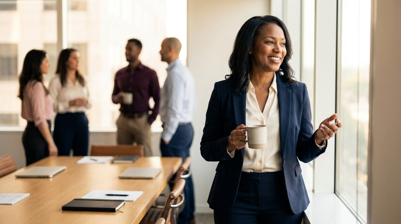 A confident, established accountant in a bright corporate office, colleagues in the background