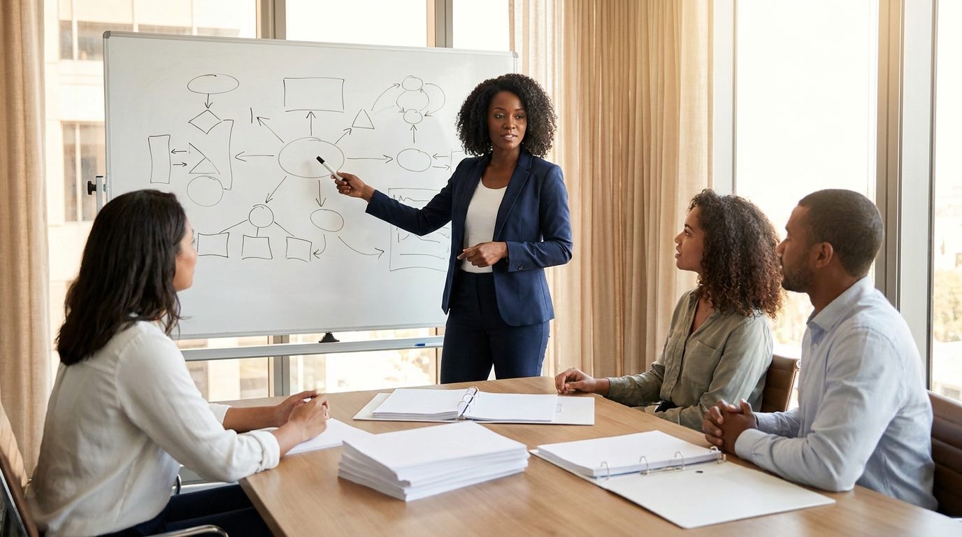 A business leader presenting a strategy diagram on a whiteboard to a small team in a bright boardroom