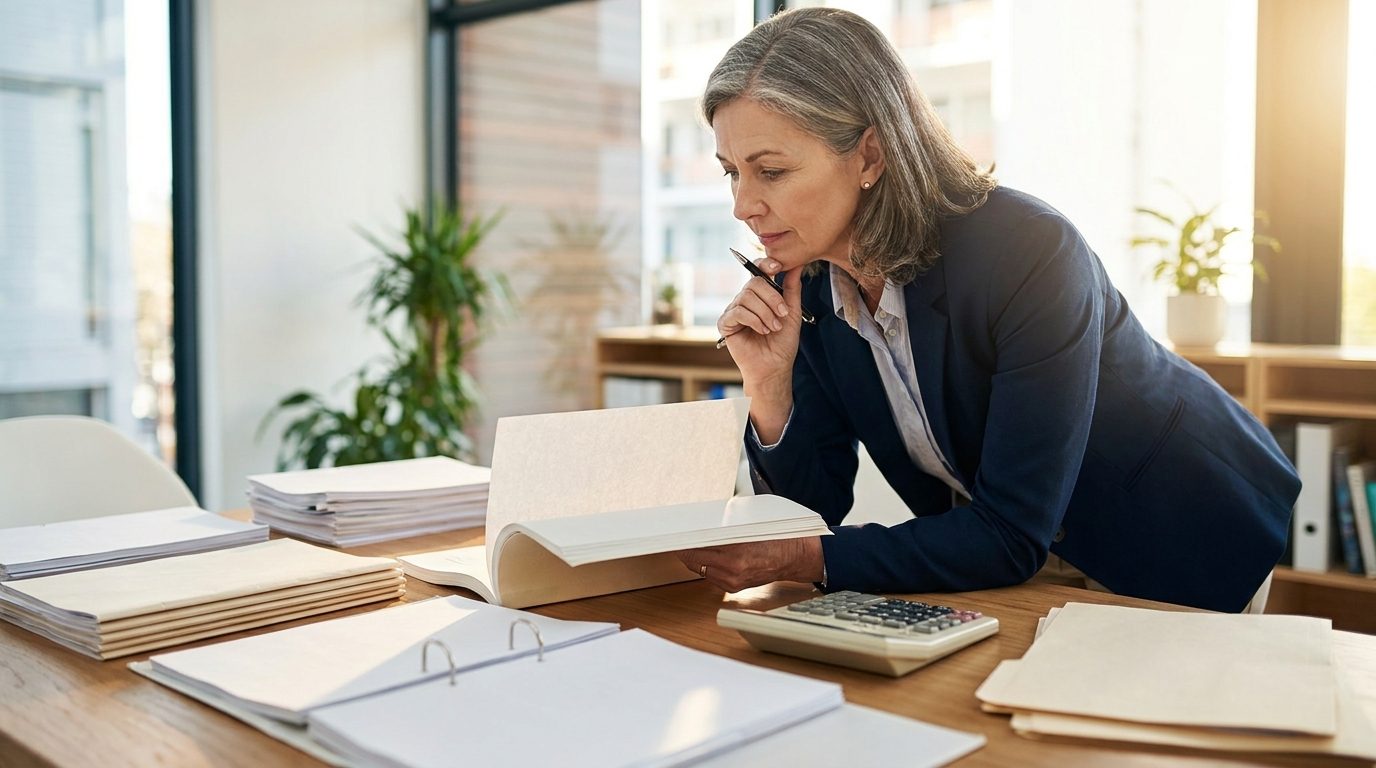 A senior accountant reviewing a printed annual report and consolidated financial statements at a desk in a bright office