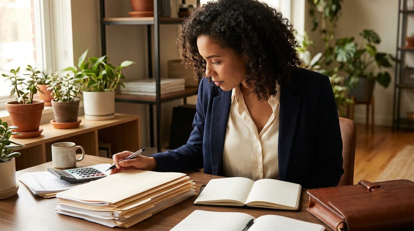 A UK accountant reviewing personal tax paperwork and a payslip at a tidy desk in warm natural light