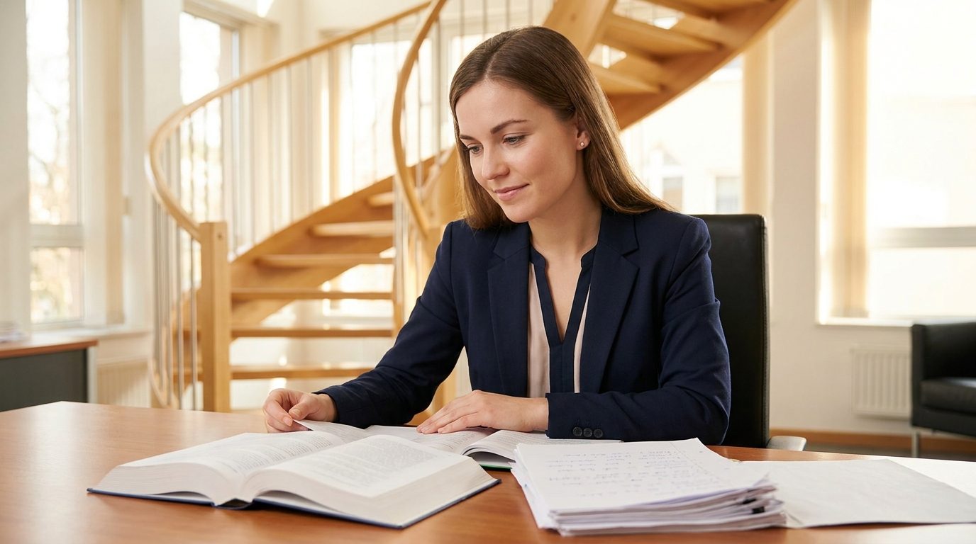 A student studying accountancy at a desk with a staircase rising behind, suggesting career progression