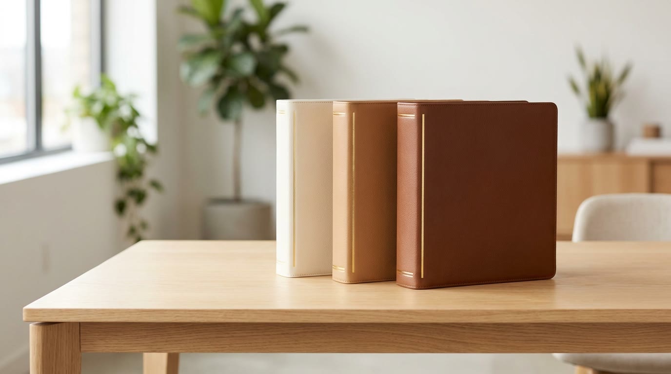 Three professional document folders standing side by side on a desk, suggesting a choice between three options, in a bright office