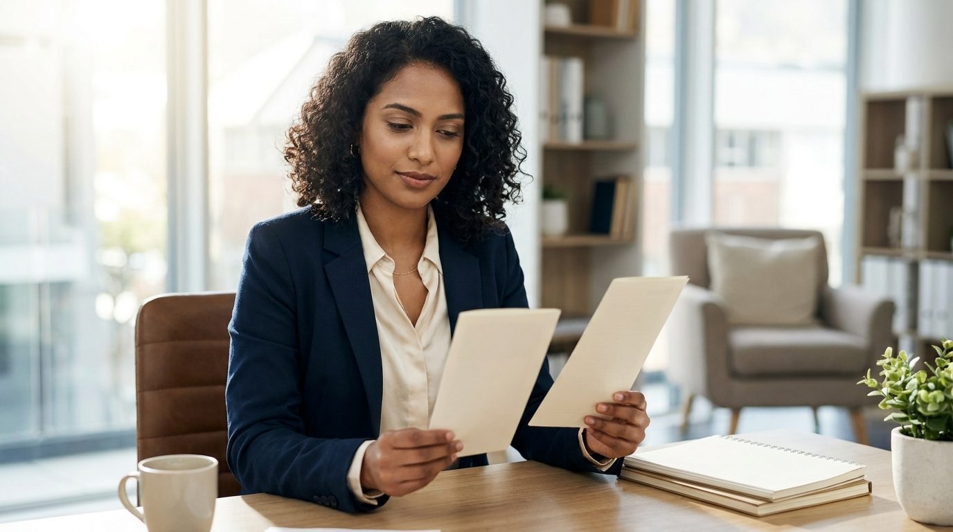 A professional weighing two printed qualification brochures side by side at a desk, in a bright office