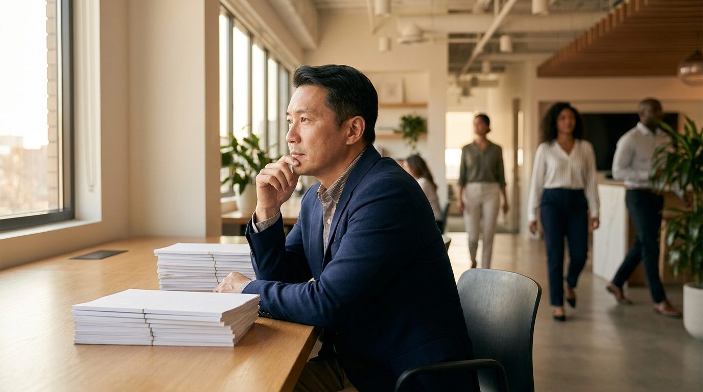 A finance professional at a desk in a modern office considering a career direction, printed reports beside them