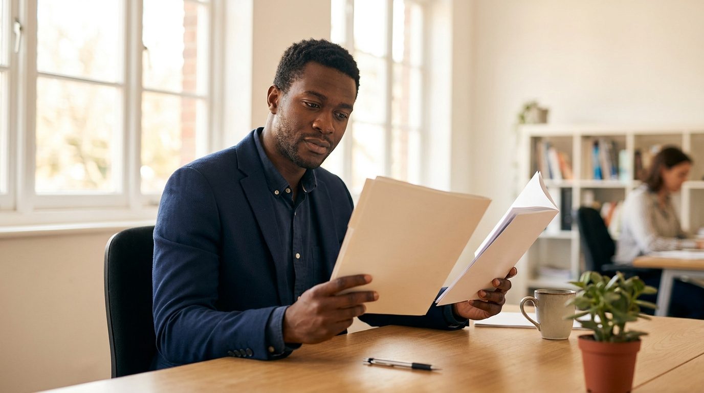 A professional at a desk comparing two printed course prospectuses, weighing a decision, in a bright office