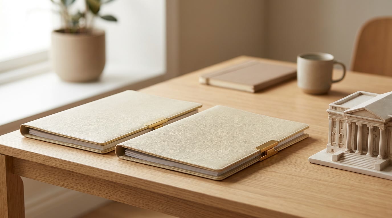 Two professional document folders on a desk beside a small classical civic building model, in a bright office