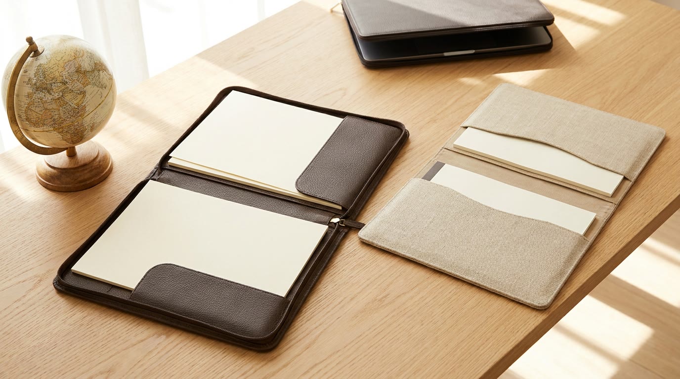 Two professional document folders on a desk beside a small globe, suggesting an international choice, in a bright office