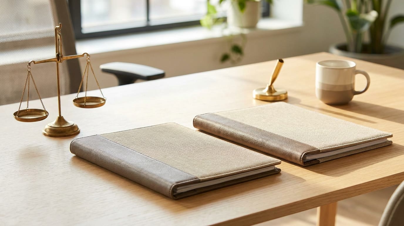 Two professional document folders on a desk beside a small set of brass balance scales, in a bright office