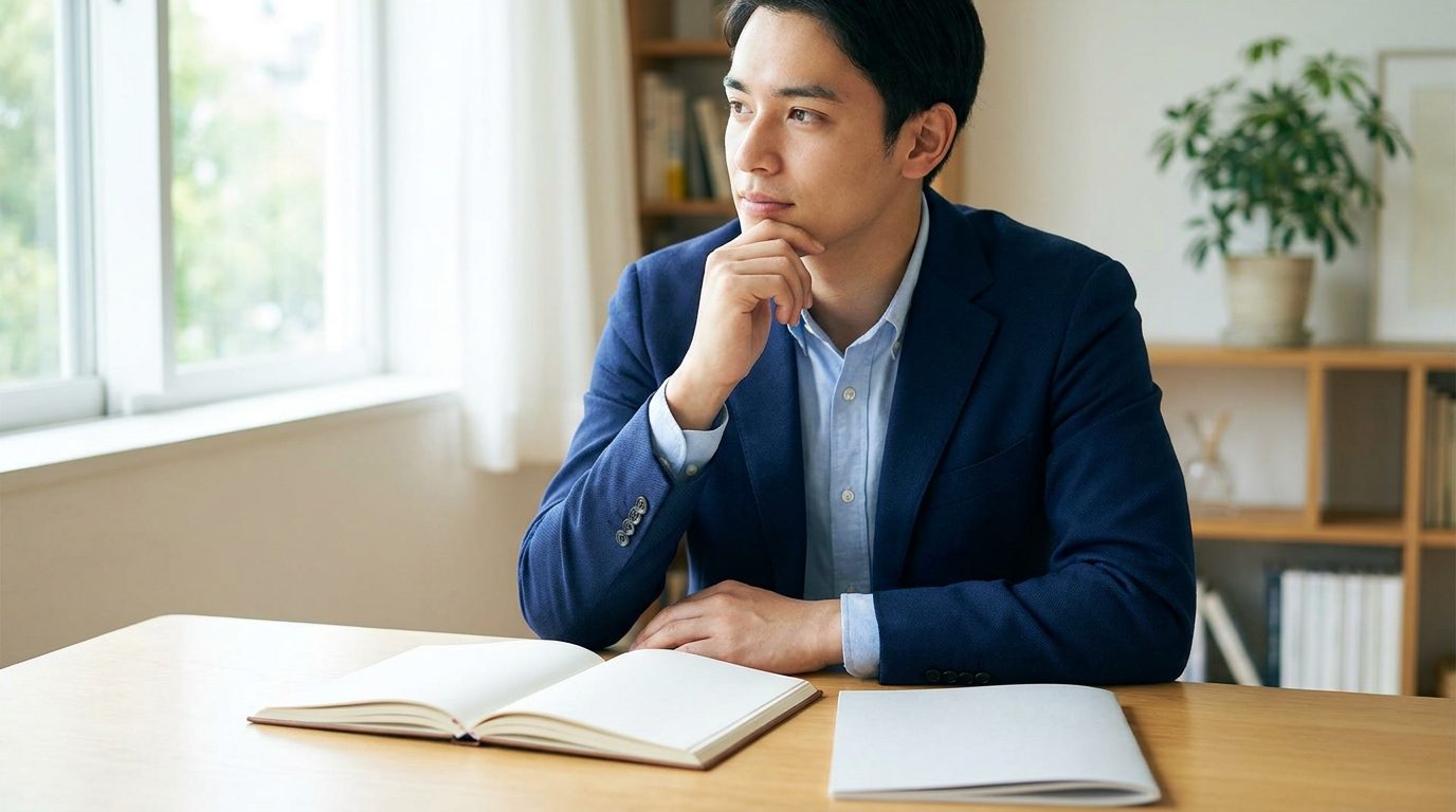 A thoughtful young person at a desk with a notebook and a prospectus, considering their future options