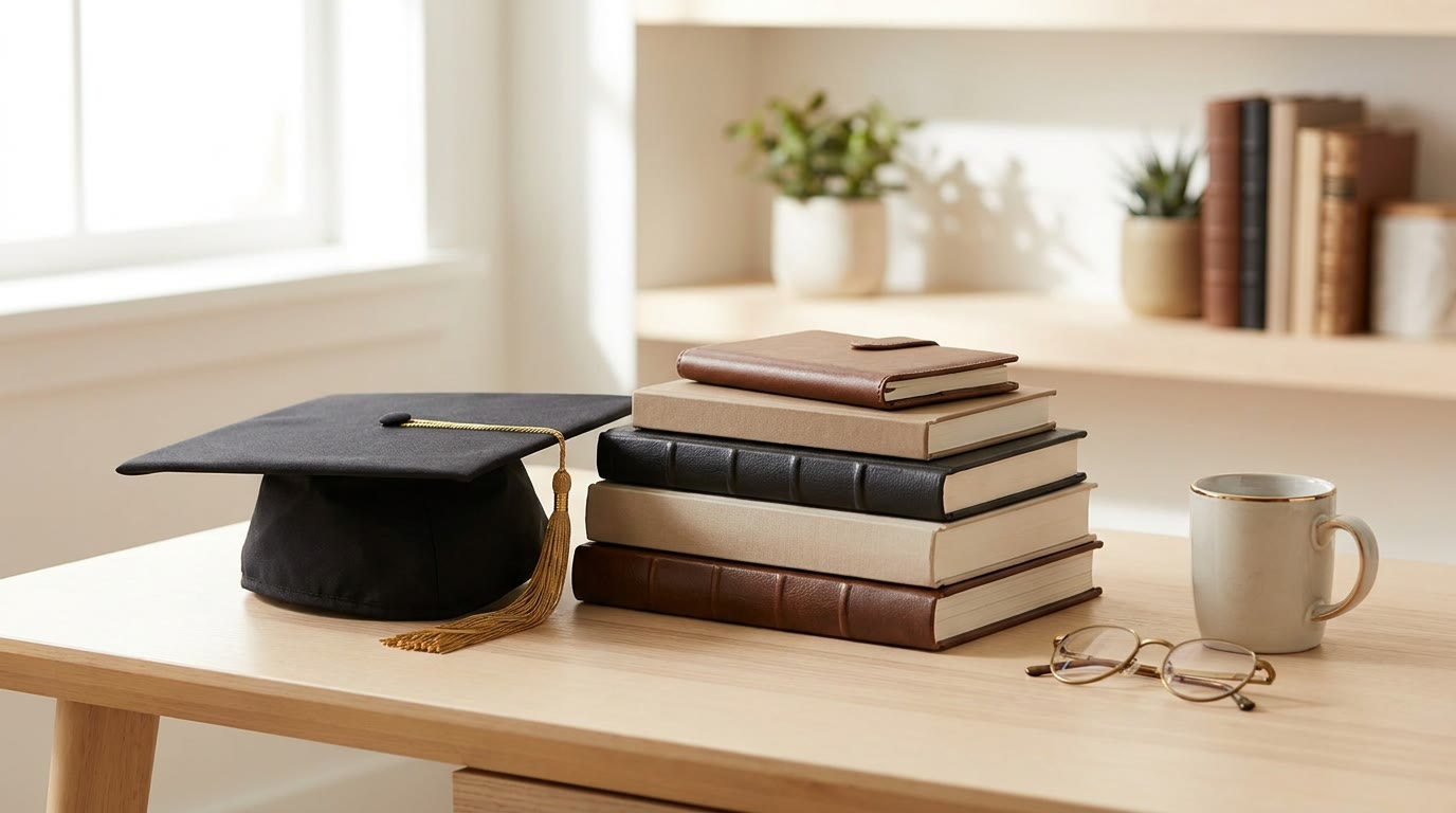 A graduation mortarboard cap beside a stack of professional books on a desk, in a bright office