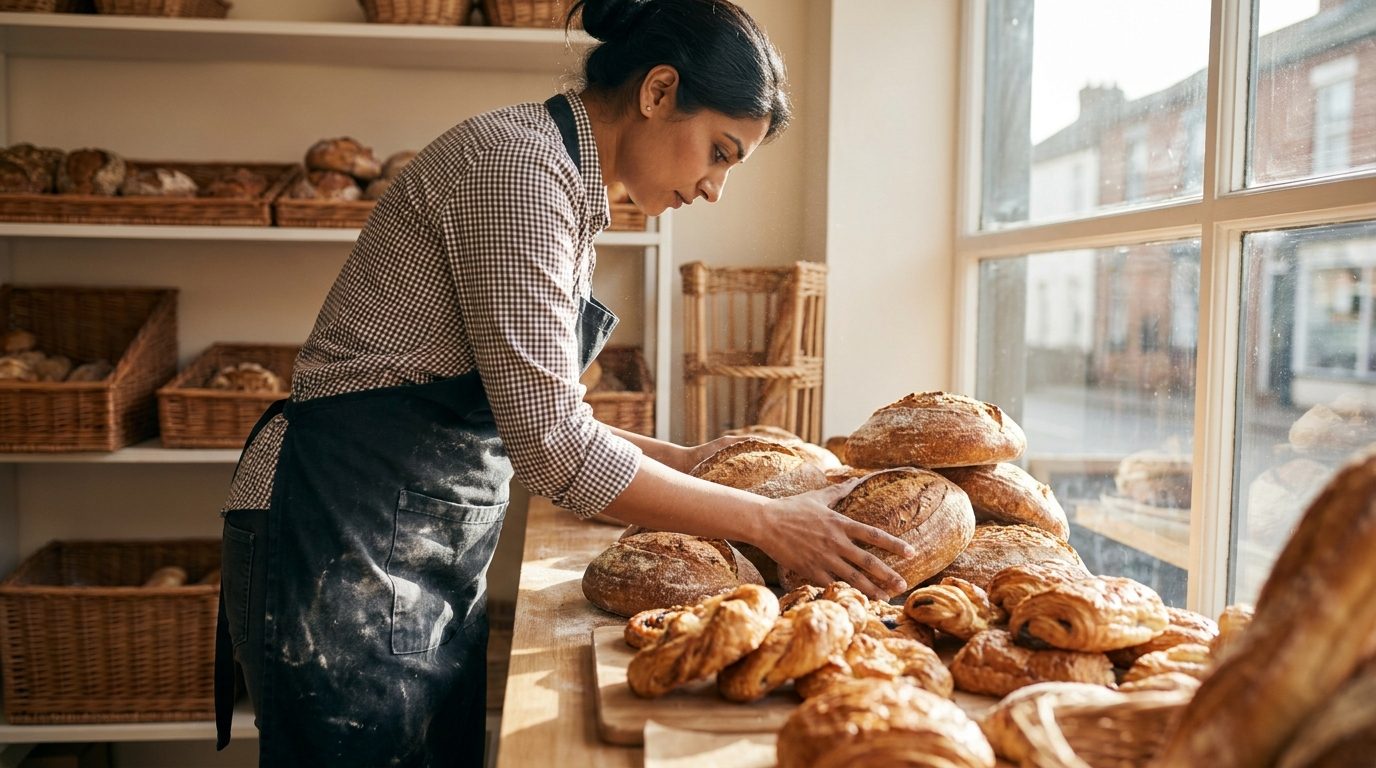A baker arranging fresh loaves and pastries on the counter of a warm artisan bakery