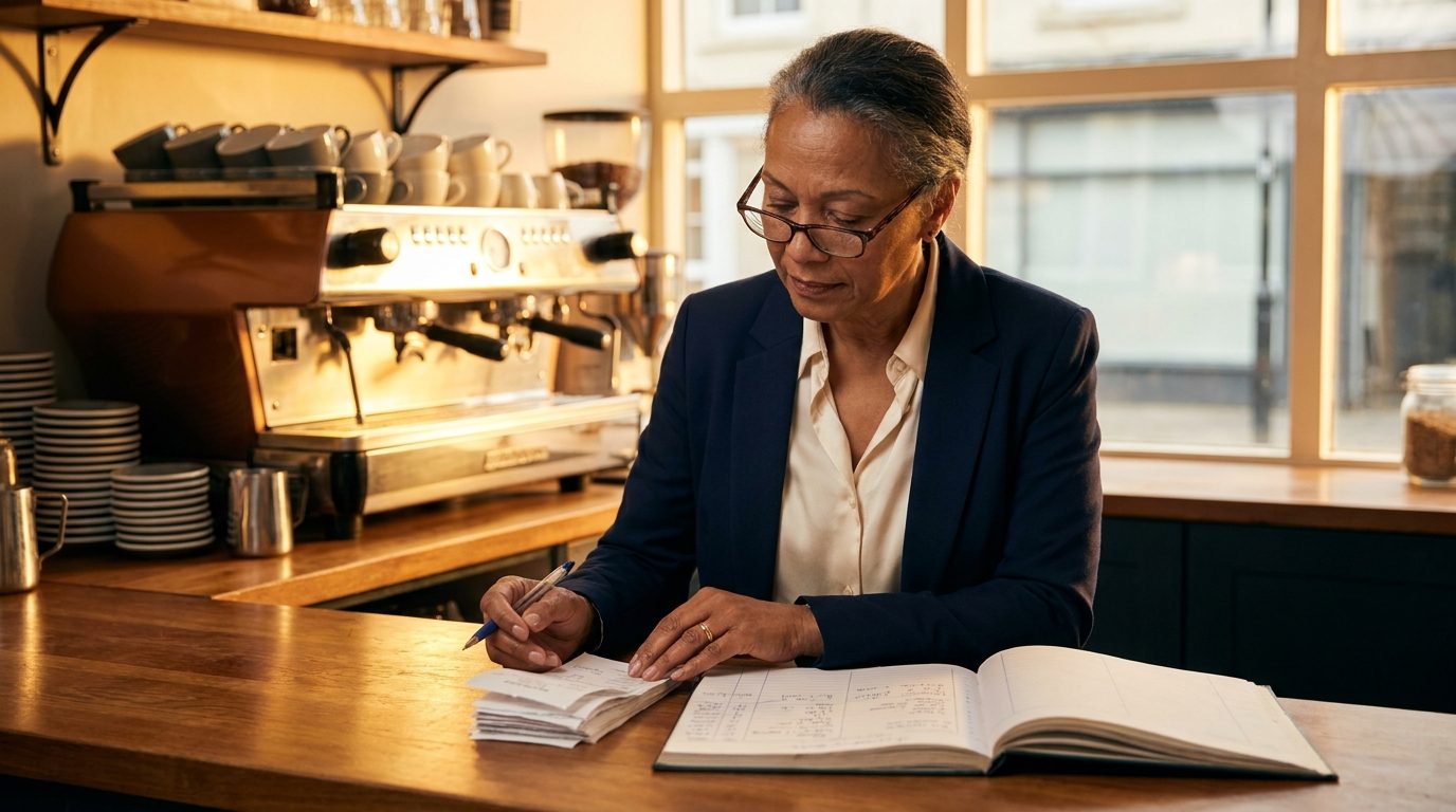 A cafe owner going over paper receipts and a ledger at the counter of a warm cafe