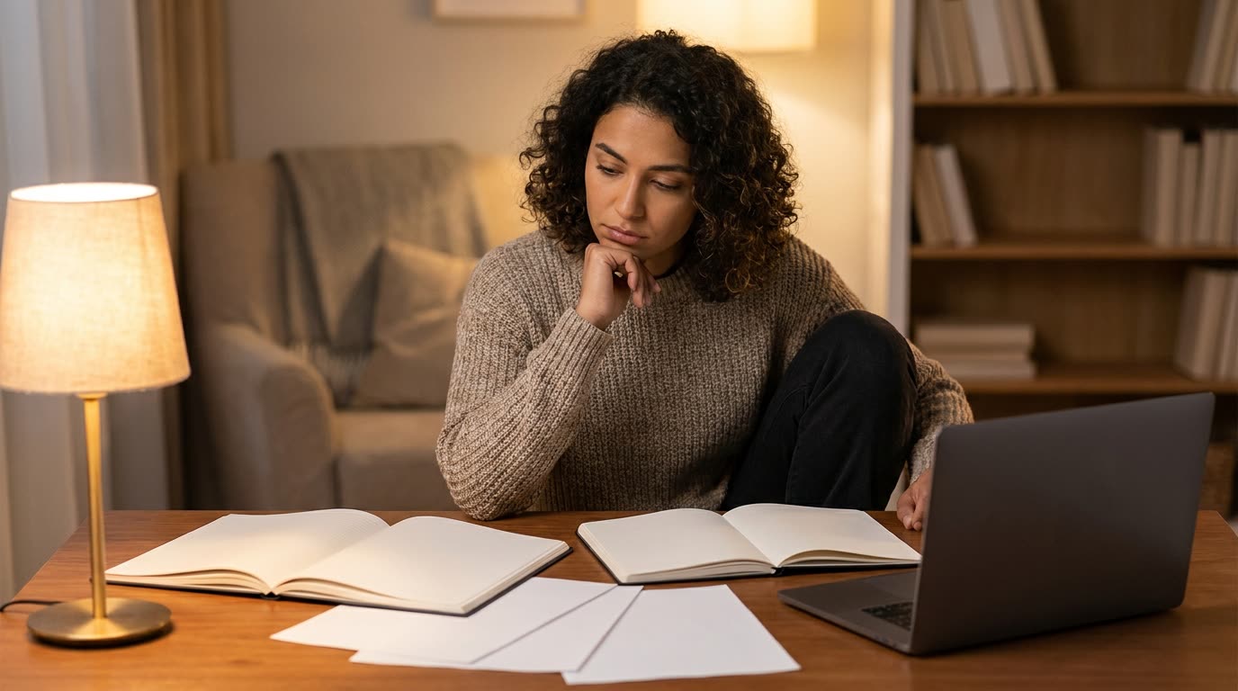 A working professional studying ACCA at a desk in the evening, comparing printed notes by lamp light