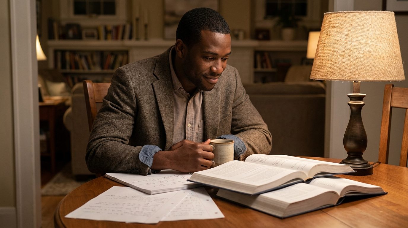 A professional studying accountancy from textbooks and notes at a home table in the evening by lamplight