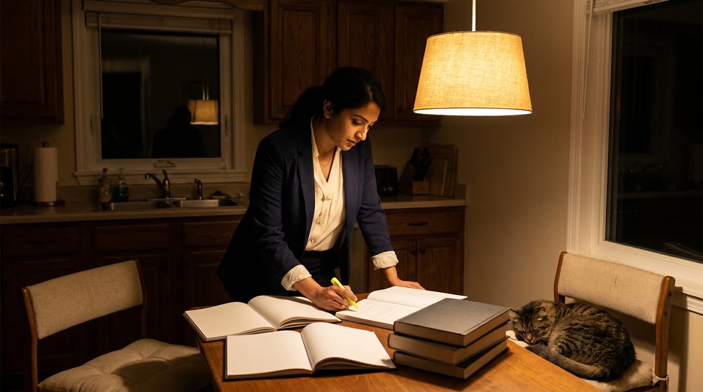 A woman studying alone at a kitchen table by lamp light, with notebooks and a sleeping cat