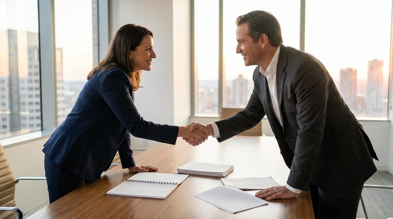 Two business leaders shaking hands across a boardroom table with printed documents