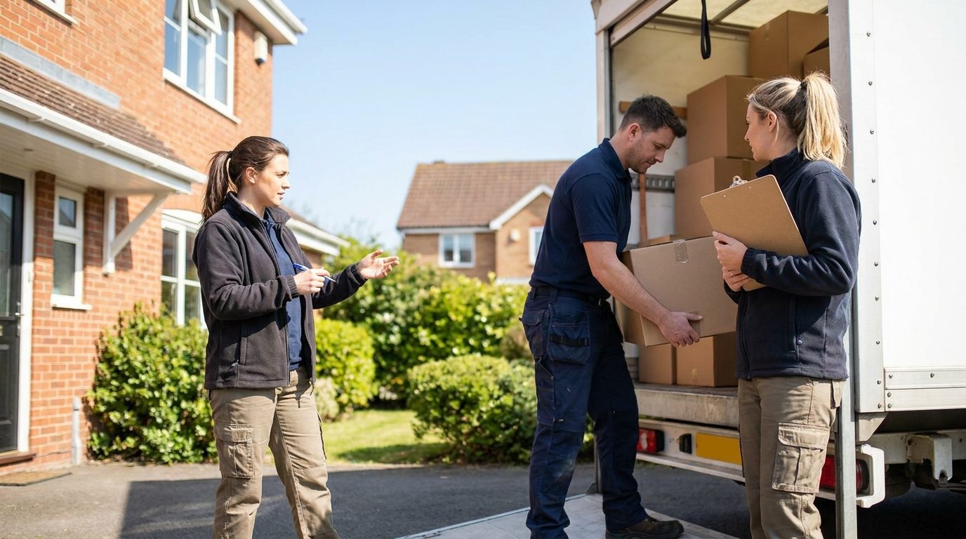 Two removals workers loading boxes into a delivery van outside a house, one checking a clipboard