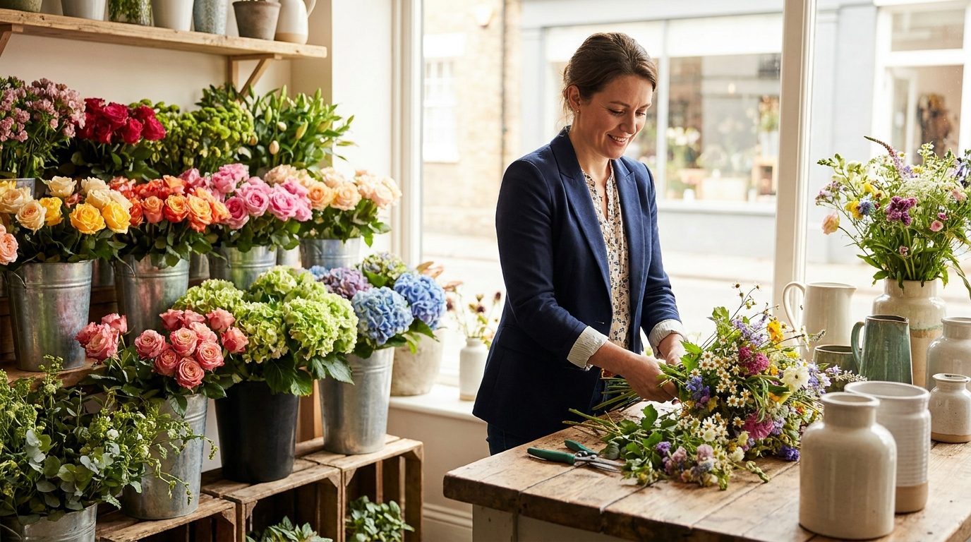 A florist arranging fresh bouquets on the counter of a bright flower shop, buckets of blooms around