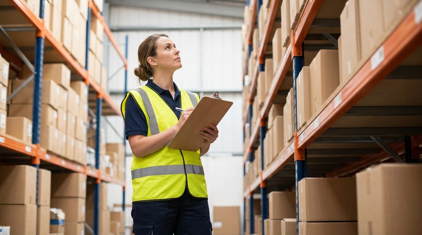 A warehouse worker in a hi-vis vest checking boxed stock on tall shelving in a bright hardware warehouse