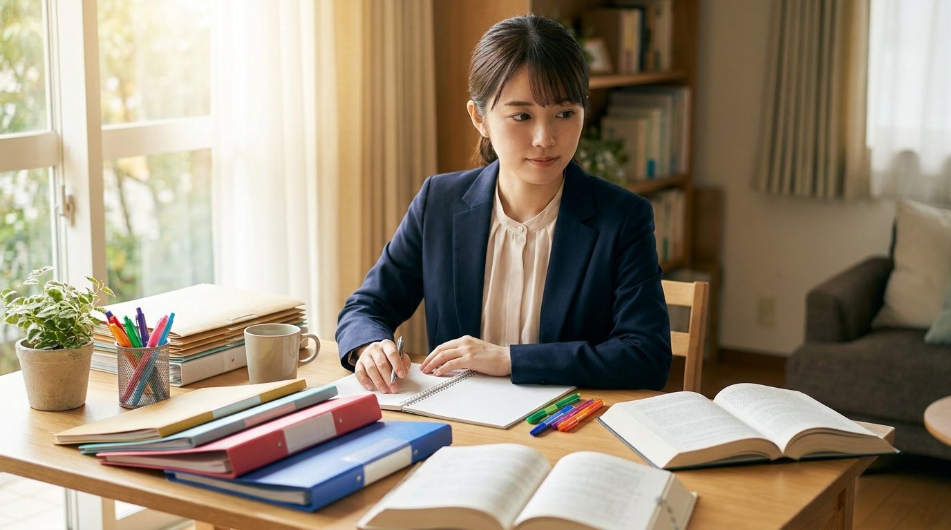 A student at a tidy desk with organised study materials, open textbooks and colour-coded notes