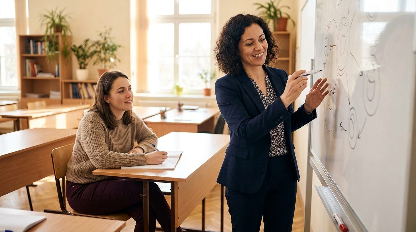 An instructor explaining a concept at a whiteboard to an engaged learner taking notes