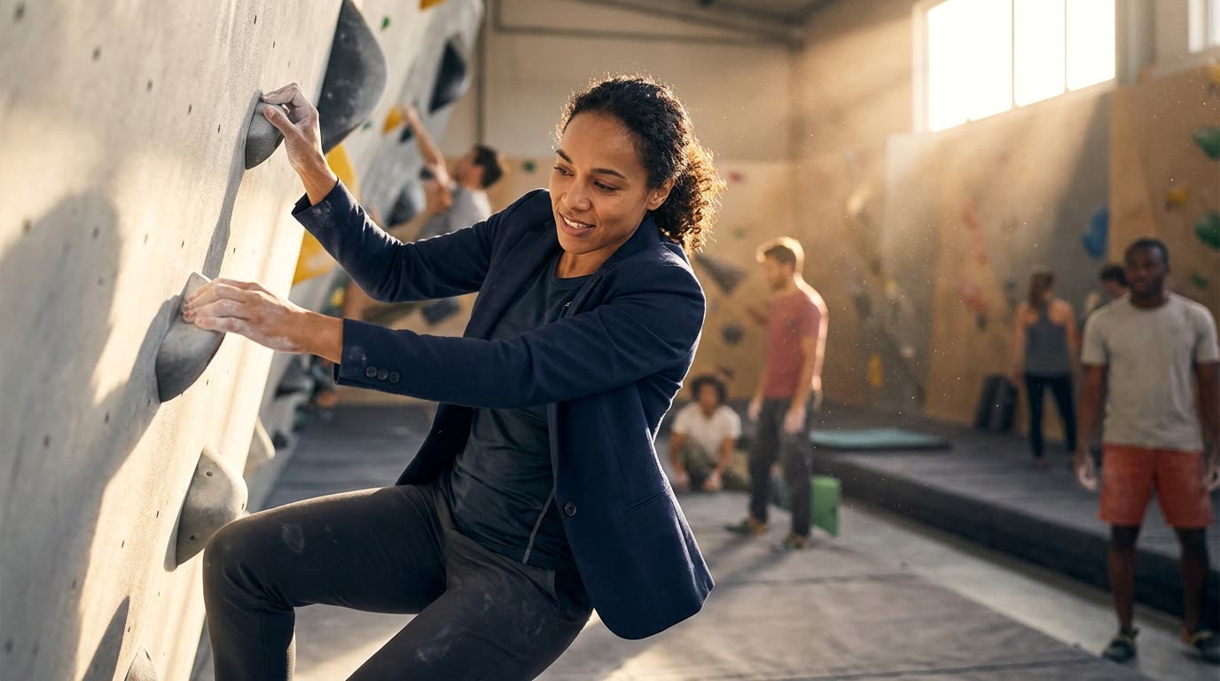 A climber in a blazer working her way up an indoor bouldering wall