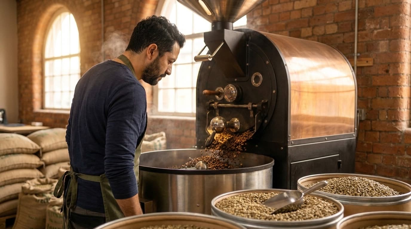 Sacks of green coffee beans and a roasting drum in a small specialty roastery