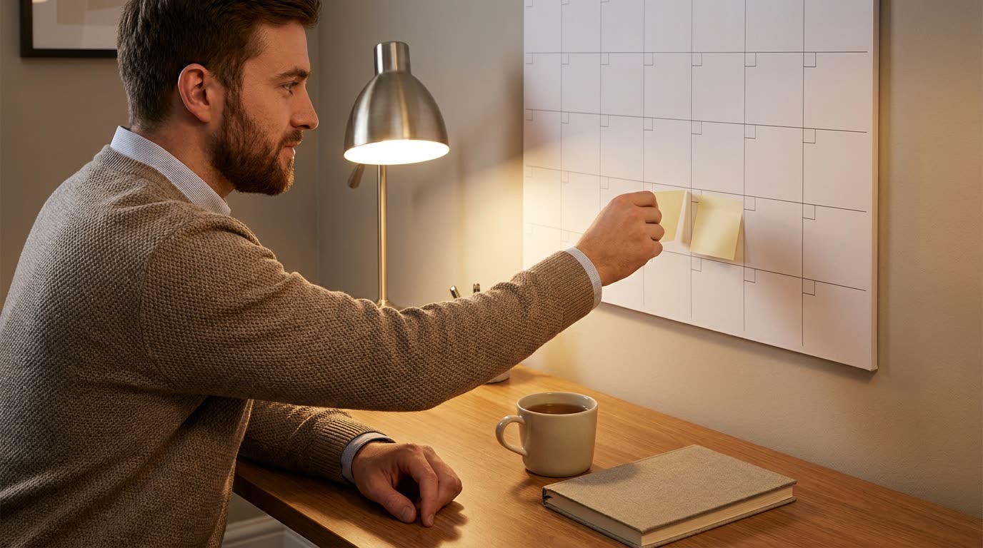 A man placing sticky notes on a blank wall planner beside a desk lamp