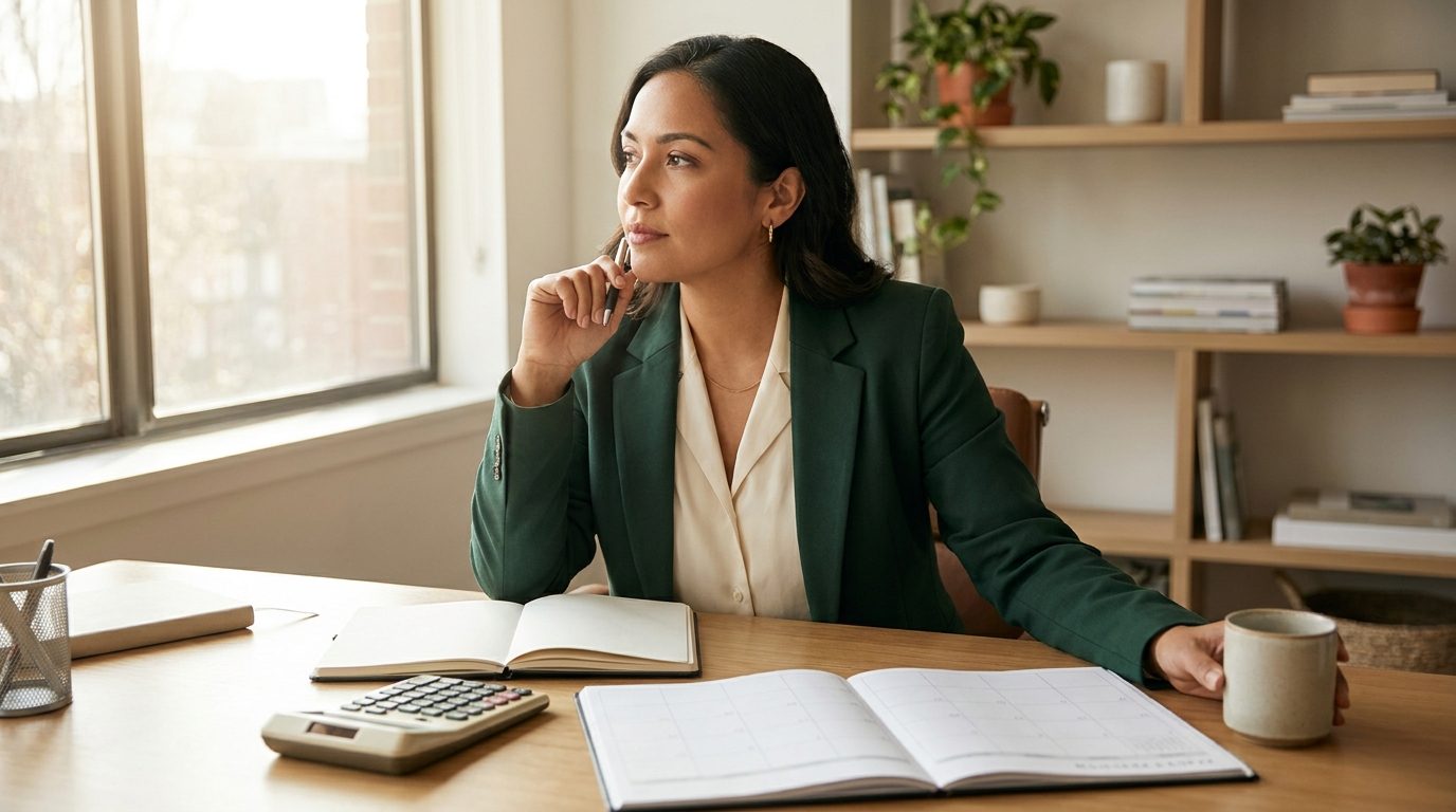 A professional planning a budget with a notebook, a calculator and a paper planner at a desk, in a bright office