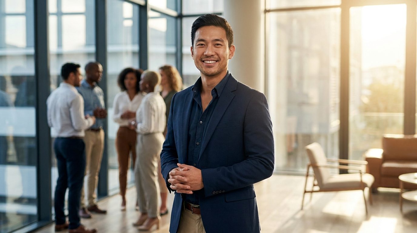 A confident professional standing in a bright modern office with a sense of achievement, colleagues in the background