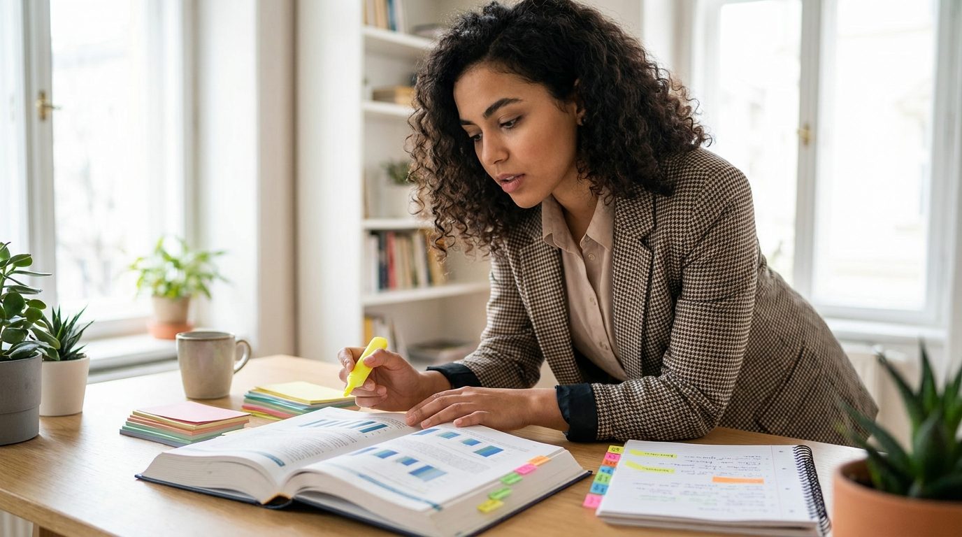 A student studying accountancy actively at a desk with an open textbook, colour-coded notes and a highlighter